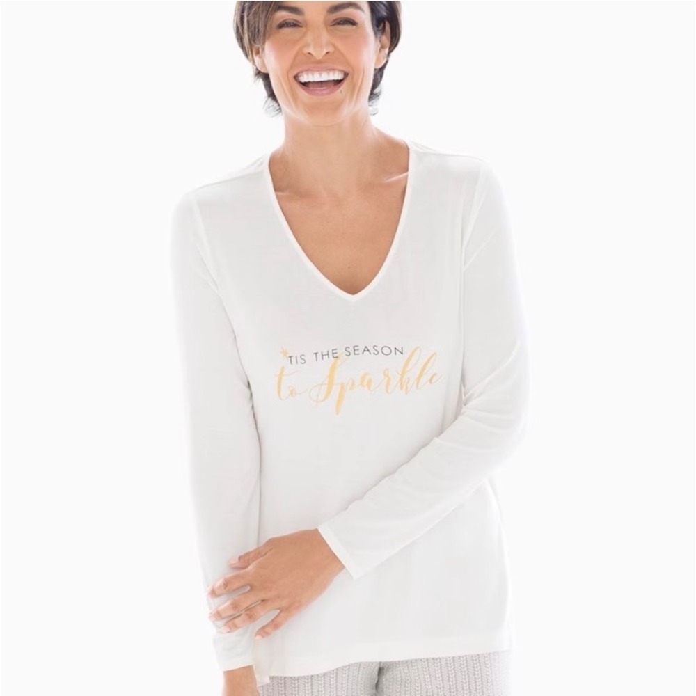 Soma Tis The Season To Sparkle Graphic V-Neck Pajama Top Ivory XXL